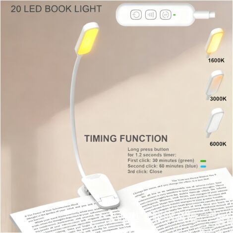 Lampe de lecture de livre rechargeable, lampe de chevet avec 3 températures de couleur et gradation continue, lumière pivotante à clip pour lit (1/5)