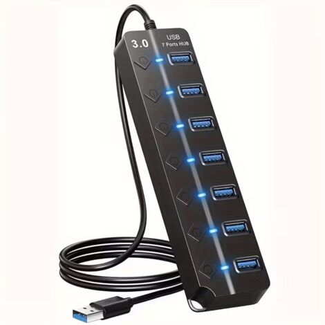 Hub USB 3.0 avec 7 ports, bouton marche/arrêt LED et câble de prolongation pour ordinateurs (1/5)