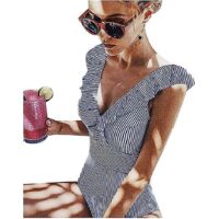 Maillot de bain une pièce amincissant à volants et rayures pour femme, monokini rembourré à col en V