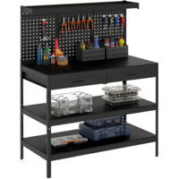 Établi d'atelier robuste, capacité max 272 kg, dimensions 122x61x156 cm. Panneau perforé inclus, 2 tiroirs, 2 étagères réglables. Idéal pour bricolage et rangement. Couleur noir.
