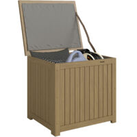 Cassapanca da giardino 130L in legno marrone 63x51x58.5 cm, con coperchio, cerniere e cinghia di fissaggio, idéale pour rangement extérieur.