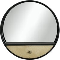 Specchio da Parete Rotondo Ø61cm, Specchio Decorativo con Cassetto e Cornice in Metallo e MDF, Nero