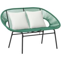 Divano da giardino 2 posti in rattan PE e acciaio, con cuscini morbidi e braccioli, 132x72x83 cm, colore verde, ideale per esterno balcone terrazzo.