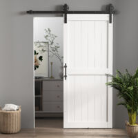 Porta Scorrevole in Stile Country con Binario e Maniglia, in Legno e Acciaio, 183x0.6x4 cm, Bianco e Nero