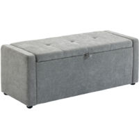 Pouf coffre 142L en lin gris clair, banco-cassapanca avec large assise rembourrée, capacité 200 kg, rangement intégré idéal pour salon.