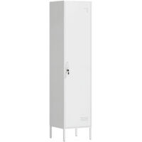 Armoire métallique blanche 40x40x179 cm avec porte verrouillable, porte-nom, penderie et barre pour cintres, idéale vestiaire ou rangement sécurisé.
