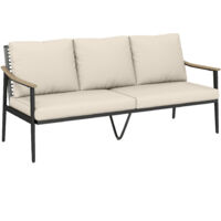 Divano da giardino 3 posti in rattan sintetico con braccioli effetto legno e schienale alto, ideale per veranda, cortile e balcone, colore cachi.