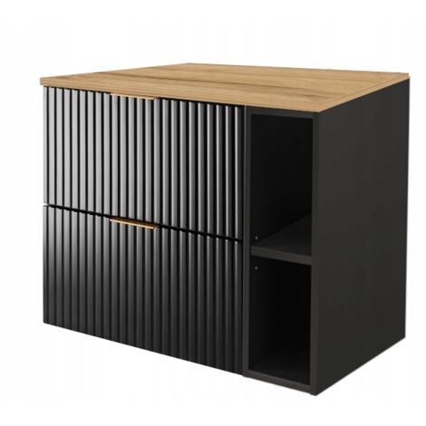 Meuble sous-vasque - 80/57/46 cm L/H/P - Noir Mat - Meubles de salle de bains, lavabo, armoire de salle de bains  Etagère - Noir, Plan de travail - Marron
