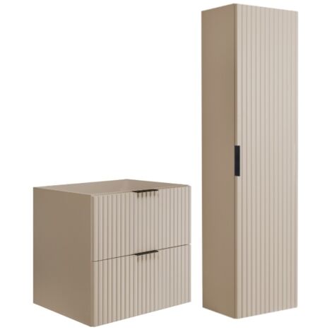 Ensemble de meubles de salle de bains - Beige Mat - Cachemire  60/57/46 cm &amp 35/136/27 cm  Meubles sous-vasque, meubles de salle de bains, armoire haute, armoire de salle de bains