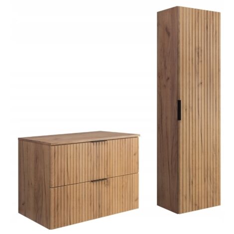 Ensemble de meubles de salle de bains - Marron Mat - Chêne Craft  80/57/46 cm &amp 35/136/27 cm  Meubles sous-vasque, meubles de salle de bains, armoire haute, armoire de salle de bains