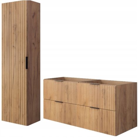 Ensemble de meubles de salle de bains - Chêne brun mat - Craft 120/57/46 cm & 35/136/27 cm Meubles sous-vasque, meubles de salle de bains, armoire haute, armoire de salle de bains