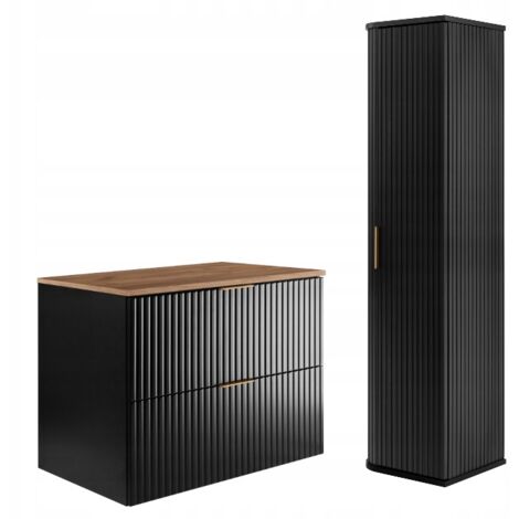 Ensemble de meubles de salle de bains - Noir Mat - Chêne Craft 80/57/46 cm & 35/139/31 cm Meubles sous-vasque, meubles de salle de bains, armoire haute, armoire de salle de bains (1/5)