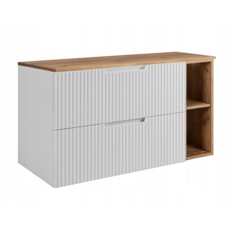 Meuble de Salle de Bain VENA - 100 cm - Blanc et Chêne - Design Moderne - Fronts Rayés