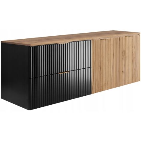Meuble de Salle de Bain 140 cm - Noir Chêne - Design Moderne - Fronts Rainurés