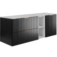 Armoires de salle de bain 140cm Noir Mat - Bois L/H/P 140/57/46 cm Portes striées - Plateau blanc - Meubles de salle de bain - Armoire de salle de bain - Bibliothèque