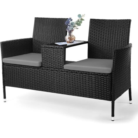 TLSUNNY Banc de Jardin en Rotin, Banc 2 Places avec Table Intégrée, Verre de Sécurité et Coussins Assise, 130L X 56l X 83H cm, Banquette en Rotin pour Jardin et Balcon, Canapé de Jardin Stables, Noir (1/5)