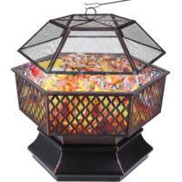 Brasero Exterieur avec Grill, Foyer Extérieur, Brasero de Jardin, Foyer de Chauffage/Barbecue, avec Filet de Protection, Grill au Charbon & Poker, pour Jardin Terrasse Plage - 76 x 76 x 63 cm