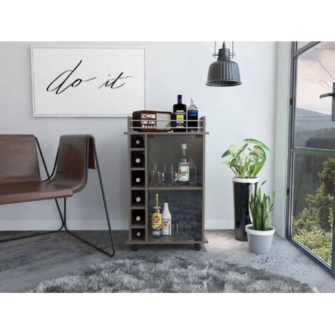 Carrello bar Dukat in legno di quercia grigia con ruote e porta in vetro, dimensioni 89 cm L x 55 cm P x 41,5 cm H