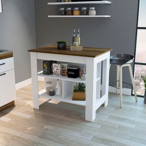 Ilot da cucina Cala con tre mensole e quattro piedi, dimensioni 90 cm (Altezza) x 103 cm (Lunghezza) x 70 cm (Profondità), colore bianco e caramello