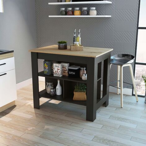 Ilot da cucina Cala in nero/duna con tre ripiani e quattro piedi, dimensioni 90 cm di altezza, 103 cm di lunghezza e 70 cm di profondità