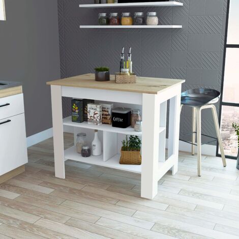 Ilot da cucina Cala con tre mensole e quattro piedi, dimensioni 90 cm di altezza, 103 cm di lunghezza e 70 cm di profondità, colore bianco/duna