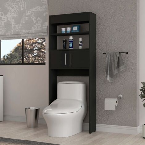 Scaffale da bagno sopra il WC Madrid, con due ante e mensole, dimensioni 160 cm L x 20,3 cm P x 62,4 cm H, colore nero