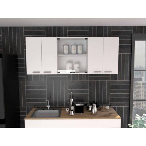 Mobili da Parete per Cucina con Vetrina e Più Ante in Bianco, Altezza 150 cm