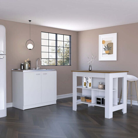 Set da Cucina Phoenix Completo con Isola, Mobile con Lavello e Spazio di Lavoro Multifunzionale