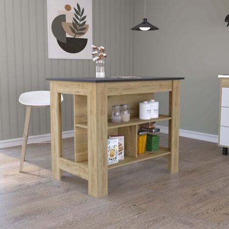 Ilot da cucina Cala in Macadamia e Nero con tre ripiani, quattro piedi e dimensioni 90 cm di altezza, 103 cm di lunghezza e 70 cm di profondità