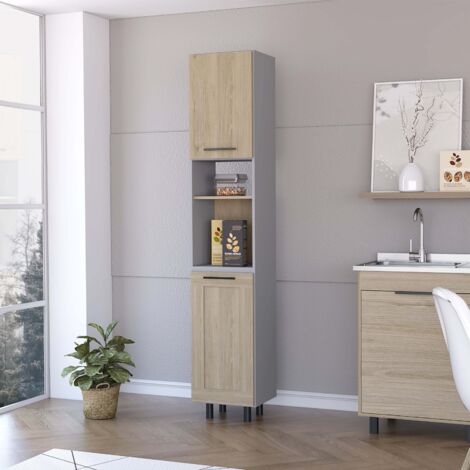 Dispensa da cucina alta Hasselt con più ripiani, 208,4 cm di altezza, 13,75 cm di larghezza, 15,75 cm di profondità, colore grigio e Rovere