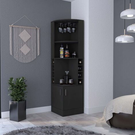 Mobile Bar Angolare Kava Beijing in Legno Nero con Cassetti per Bottiglie e Spazio per Vino, Dimensioni 180,6 cm L x 46,9 cm H x 46,9 cm P