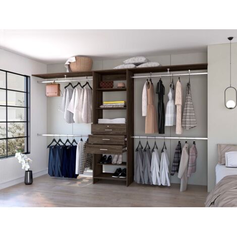 Armadio Pieghevole Aperto con 3 Cassetti, Estanteria e Barre per Appenderia, Dimensioni 187,45 cm x 299,97 cm x 41,40 cm, Colore Marrone