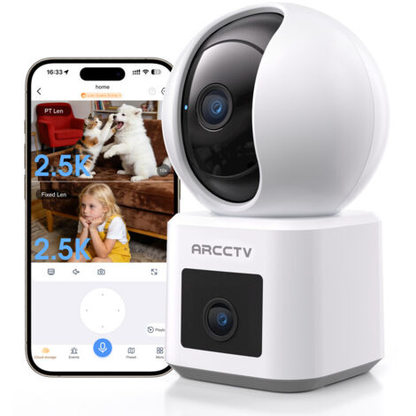 ARCCTV Caméra de Surveillance Intérieur-360° Double Objectif 4MP- 4k Vision Nocturne-2.4&5GHz WiFi-Camera pour Bébé/Chien/Maison