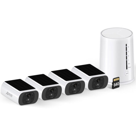 Videoüberwachungssets Solar Überwachungskamera Aussen Akku mit Basisstation, ANRAN 4MP, Farbige Nachtsicht, Zentrale Verwaltung & Speicherung, 64GB Vorinstalliert, Ohne ABO-Gebühren- 4 Kameras