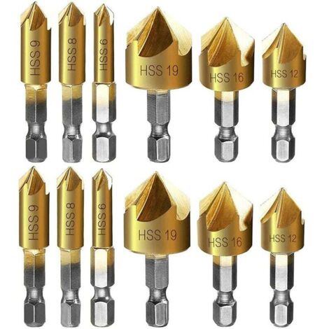 12-teiliges Metall-Fasenschneider-Set mit Sechskantschaft, selbstzentrierendem Körner, Fasenbohrern (6 mm, 8 mm, 9 mm, 12 mm, 16 mm, 19 mm) (1/5)