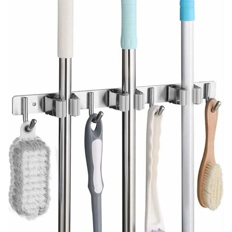 Wandmontierter Besenhalter aus Edelstahl, Besenablage mit 3 Schlitzen und 4 Haken für Küche, Bad, Garage und Garten – Grau