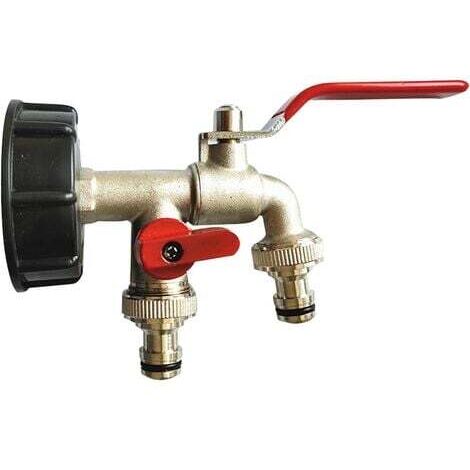 Doppelter Gartenhahn (1/2"), 1000-Liter-Tankhahn, IBC-Wassertankadapter, Regenwassernutzungshahn, Doppelhahn aus Messing und PP, 60-mm-Grobgewinde, S60x6-IBC-Hahnanschluss