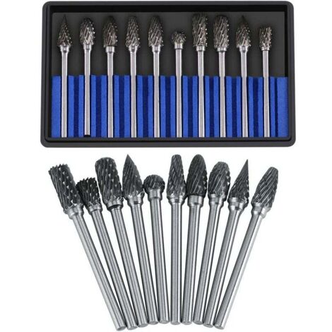 Satz mit 10 Hartmetall-Rotationsfräsern, Wolframstahl, 3 mm Durchmesser Schneidkopf, 6 mm Schaft, zum Schneiden, Metallbearbeiten, Polieren, Gravieren, Bohren (Doppelschnitt) (1/5)
