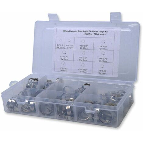 Kit assortimento fascette stringitubo a orecchio singolo continuo, set fascette stringitubo a crimpare, 100 pezzi, 7-15 mm, acciaio inossidabile 304
