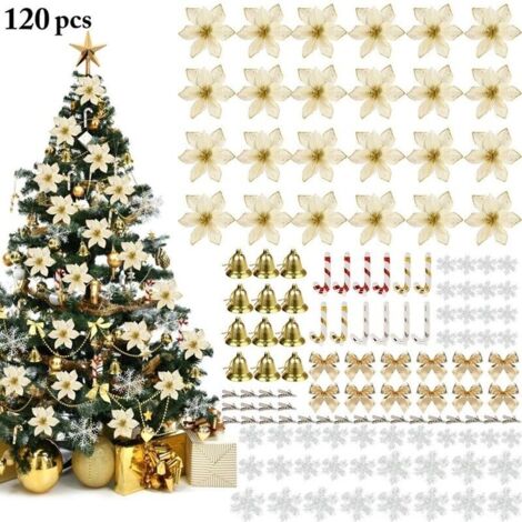 120 pezzi/set di decorazioni natalizie con fiori artificiali, fiocchi di neve, decorazioni per alberi di Natale, kit di fiori finti per festival, oro (1/5)