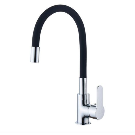 Rubinetto da cucina flessibile con beccuccio girevole alto, miscelatore regolabile liberamente, rubinetto monoforo per acqua calda e fredda in ottone cromato e nero. (1/3)