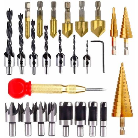 26 utensili per la foratura del legno, tra cui 6 punte svasate, 7 punte a tre punte con chiave a L e 8 punte per sughero. (1/4)