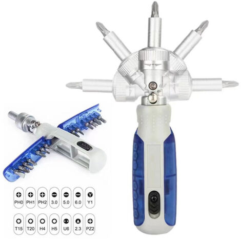 Set di cacciaviti, cacciavite magnetico a cricchetto girevole a 180°, set 14 in 1 per lavori di riparazione, elettrodomestici, mobili, blu (1/5)