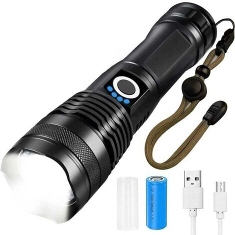 Linterna LED ultrapotente, 10 000 lúmenes, XHP70.2, LED con zoom, linterna táctica recargable por USB, 5 modos de iluminación, con 2 baterías de alta capacidad.