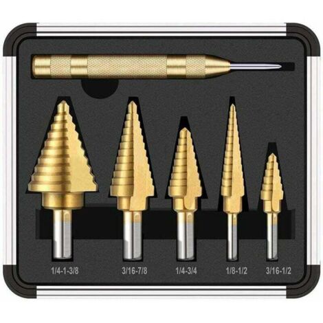 Foret étagé, 5PCS Titane Set de Foret Fraises con Poinon Central Automatique, Revêtement HSS et Titane con Botier en Aluminium, Double Lame de Coupe (50 Tailles) (1/5)