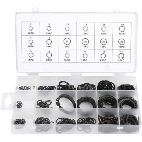 Surtido de anillos de retención externos de 2 mm a 32 mm, 300 unidades, color negro (1/4)