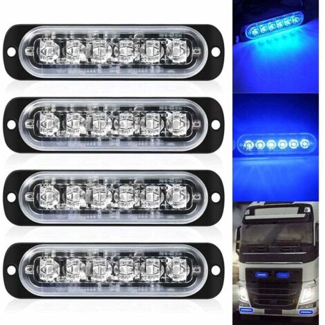 Confezione da 4 - Luce stroboscopica a 6 LED blu ultrasottile - Mini barra luminosa a LED, barra luminosa di emergenza, 18 modalità lampeggianti, 12 V-24 V, universale per veicoli o camion (1/5)