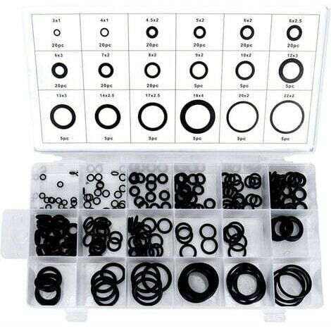 Kit O-ring, assortimento di 225 pezzi di O-ring in gomma con custodia nera (1/5)