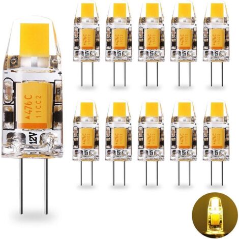 Bombilla LED G4 de 12 V CA/CC, 1,2 W, equivalente a una bombilla halógena G4 de 10 W, luz blanca cálida de 2700 K, ángulo de haz de 360°, bombilla LED COB G4 de bajo consumo, 10 bombillas por paquete. (1/5)