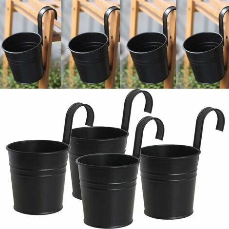 Juego de 4 macetas colgantes de hierro negro con gancho extraíble para uso interior o exterior. (1/5)